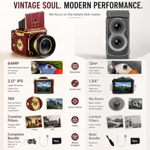 Vintage Digital Camera, 64MP 2.7K Retro Point and Shoot Camera with Autofocus, 2" IPS Waist-Level Screen & 16GB TF Card, 16X Zoom Compact Photography Camera for Beginners Red Vintage Decor - Image 5