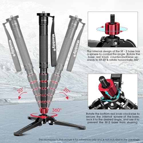 Manbily Mini Tripod Base for Monopods, 3/8" Screw Desktop Tripod with Three Feet, Monopod Stand Support, Travel for Ball Head/Fluid Head DSLR Camera Camcorder, Tilt 20° & Rotate 360° (Red) - Image 3