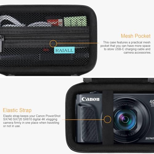 RAIALL Camera Case for Canon PowerShot SX740/ SX730/ SX720/ SX710/ SX620/ SX610 HS Digital Camera, SX740/ SX730 Vlogging Camera Travel Hard Bag, Mesh Pocket for Battery, SD Card and Cable, Black - Image 4