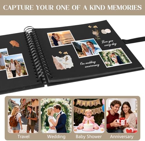 INNOCHEER Photo Album - Self Adhesive 80 Black Pages, Large Scrapbook Wedding Guest Book for DIY Anniversary Travel Memory Scrapbooking (Black 12 x 12) - Image 6
