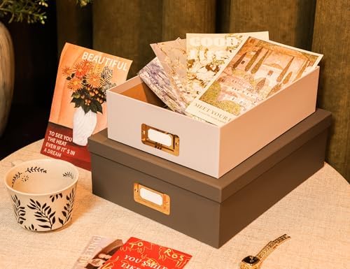 2-Piece Decorative Storage Boxes with Lids, Rich and Soft Gray, Sturdy Cardboard File and Keepsake Organizer with Metal Label Holders, Stackable Document Storage Boxes for Home & Office - Image 3