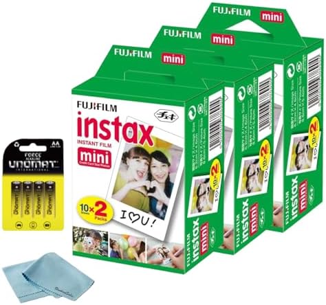 Fujifilm Instax Mini Instant Film, 60 Shots (10 Sheets x 6) – Capture Memories Anytime, Anywhere + BluebirdSales Premium Cleaning Cloth & 8 AA Batteries by FUJIFILM