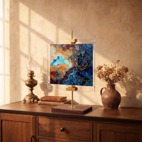 RattanView Adjustable Tabletop Easel Stand with Clear Acrylic Floating Photo Frame Set 16.5" Metal Picture Easel Display Stand for Picture, Art, Photos, Poster, Signs(Gold,Wooden Base) - Image 6