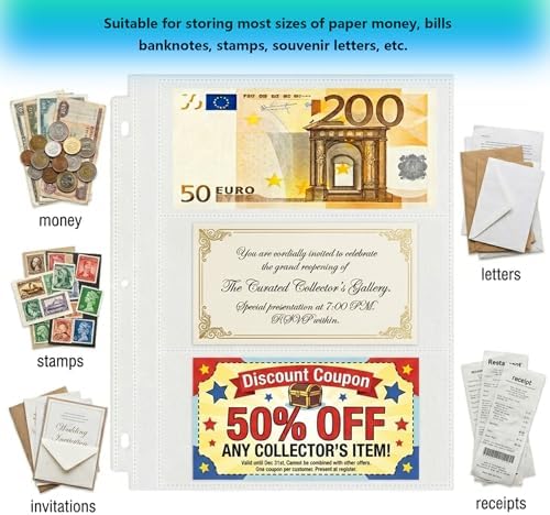 100 Pack （7.6x3.6inch ） 3 Pockets Currency Sleeves for 3 Ring Binder - Image 4