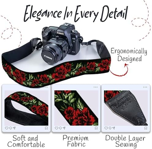 Camera Strap - Shoulder, Crossbody & Neck Camera Strap for Photographers, Fits All Cameras, Canon Nikon Sony Fujifilm, Padded Strap W/ Quick Release, Embroidered Cotton & Leather Ends, Red Roses - Image 3
