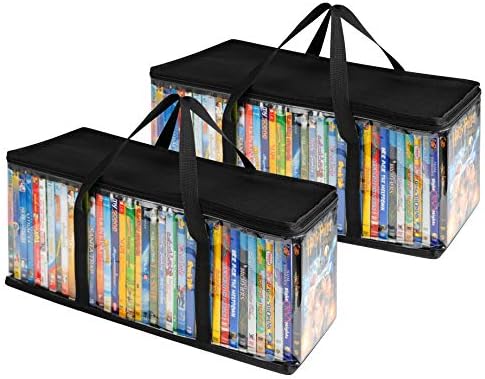 Stock Your Home DVD Storage Bags (Set of 2) Media Organizer Bag for DVDs, CDs, Blu Ray Disc, Movie Cases, VHS Box, Video Game Disks, Clear Plastic Holders with Carrying Handles and Zipper - Black by StockYourHome