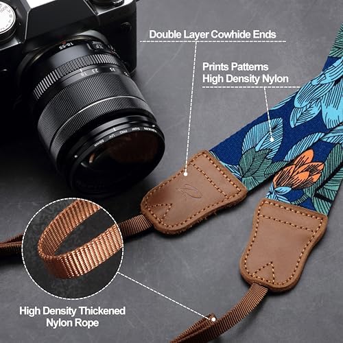 Padwa Lifestyle Camera Strap - 1.5" Soft Nylon Print Crazy Horse Cowhide Head Camera Straps for Photographers and All Cameras,Cute Adjustable Vintage Woven Strap for Adults & Kids(Flower Heart Blue) - Image 3