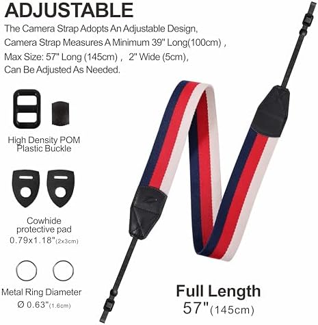 Padwa Lifestyle Stripes Camera Strap - 2" Wide Genuine Leather Ends Camera Straps for Photographers, Vintage Blue, Red, and white Stripes Nylon Strap with Camera Quick Release fits All Cameras - Image 5