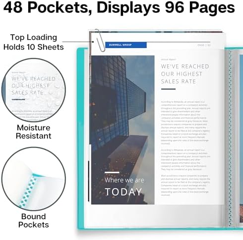 Dunwell Presentation Binder 48-Pocket, Displays 96 Pages, 8.5x11 Portfolio Binder with Plastic Sleeves, Storage and Organizer for Documents, Photos, Kids Artwork, Projects, Recipes (Aqua) - Image 3