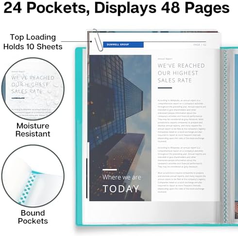 Dunwell Presentation Binder 24 Pockets, 8.5x11 Plastic Sleeves, Aqua - Image 3
