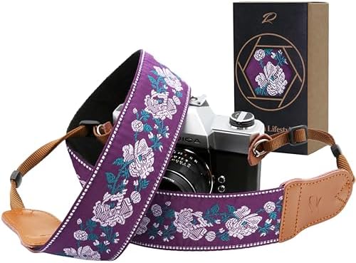 Padwa Lifestyle Purple Flowers Embroidered Camera Strap - Double Layer Cowhide Ends,2" Cotton Vintage Camera Straps, Adjustable Neck & Shoulder Strap for All DSLR Cameras,Great Gift for Photographers by PadwaLifestyleCameraStrap