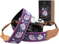 Padwa Lifestyle Purple Flowers Embroidered Camera Strap - Double Layer Cowhide Ends,2" Cotton Vintage Camera Straps, Adjustable Neck & Shoulder Strap for All DSLR Cameras,Great Gift for Photographers by PadwaLifestyleCameraStrap