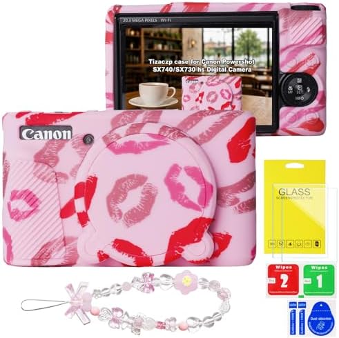 Cute Camera Case for Canon PowerShot SX740 HS/SX730 HS,Silicone Protective Cover with Removable Lens Cap,Wrist Strap & 2 Pack Tempered Glass Screen Protector for Women (Pink Lips) by Tizaczp