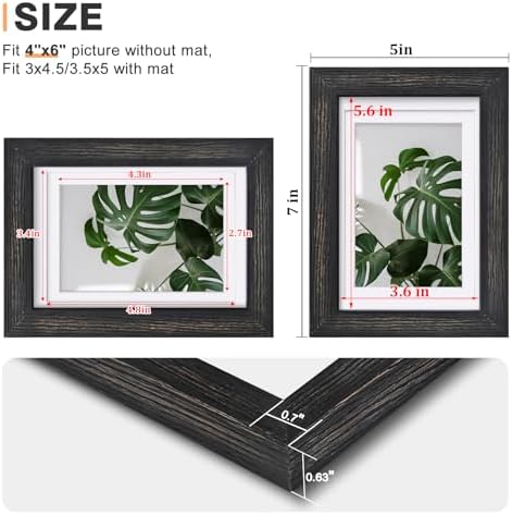 Egofine 4x6 Picture Frames Set of 4, Made of Solid Wood Covered by Plexiglass 3x4.5 and 3.5x5 with Mat or 4x6 without Mat, for Table Top Display and Wall Mounting Photo Frame, Driftwood Black - Image 3