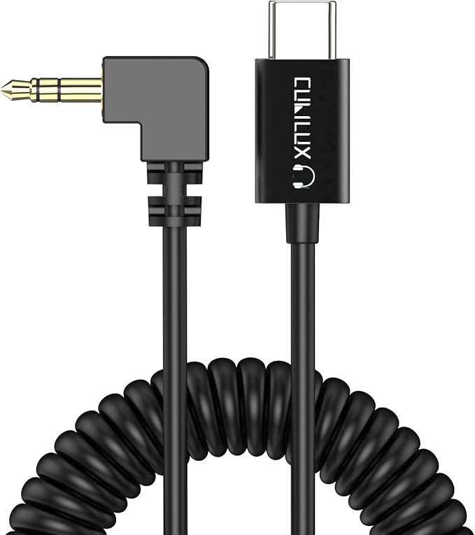 Coiled Short USB C to 3.5mm Male Audio Cable Compatible with iPhone 17/16/15, iPad Pro 13/12.9/11, Galaxy S25/S24, Pixel 10/9/8/7 Pro, Right Angle Type C Aux Cord for Car Radio, Speaker, 1 FT by Cubilux