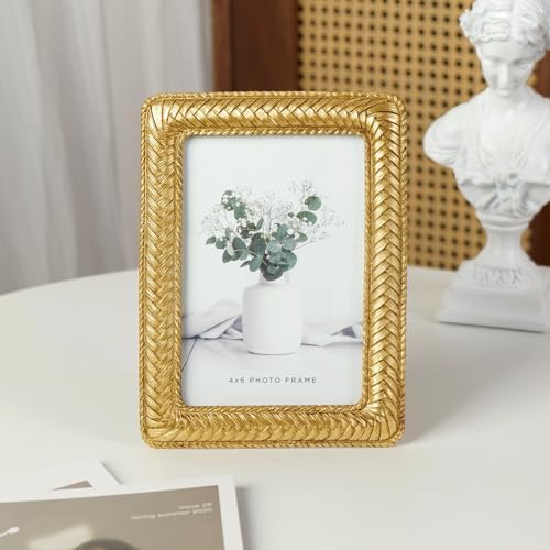 Cuspin 4x6 Gold Picture Frame, Vintage Decorative Rattan Resin Photo Frame - Image 7