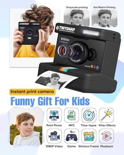 Instant Print Camera for Kids,Dual Len Kids Cameras with 2.4 Inch Screen, Christmas Birthday Gifts for Girls Age 3-12, Portable Toddler Toy for 3 4 5 6 7 8 9 10 Year Old Girls Boys (Black) - Image 2
