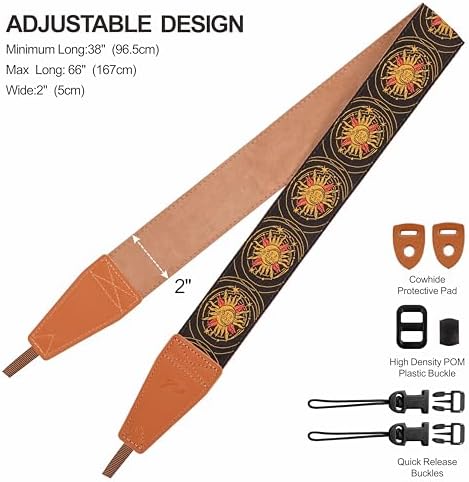 Padwa Lifestyle Yellow Sun God Camera Strap - 2" Full Grain Leather Ends Camera Straps for Photographers, Vintage Embroidered Cotton Soft Suede Fabric Padded Strap Quick Release fits All Cameras - Image 6