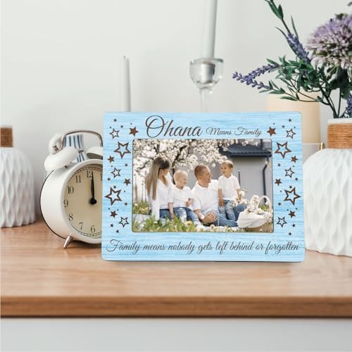Family Picture Frame Gifts - Blue Hawaiian Gifts - Ohana Means Family Wooden Photo Frame 4x6, Homecoming Gift for Desk Decor - Image 3