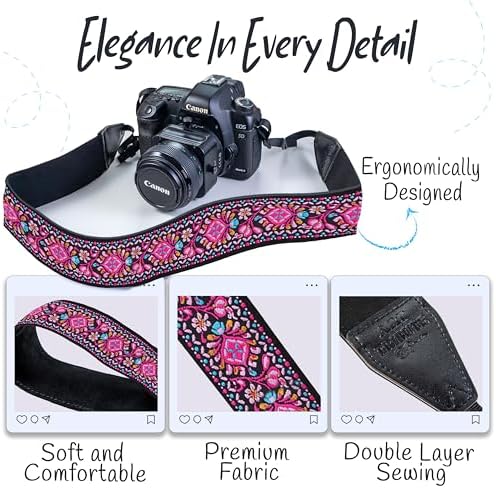 Camera Strap - Shoulder, Crossbody & Neck Camera Strap for Photographers, Fits All Cameras, Canon Nikon Sony Fujifilm, Padded Strap W/ Quick Release, Embroidered Cotton & Leather Ends, Pink - Image 3