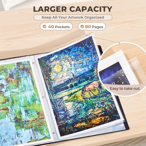 JoyCat 11 x 17 Art Portfolio Binder, 40 Pockets Display 80 Pages, Black - Image 3