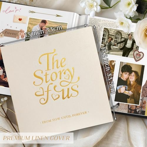Lanpn Couples Scrapbook Photo Album - The Story of Us, Linen Wedding Anniversary Self Adheisve Picture Book holds 4x6 5x7 A5 Photo for Love Newlywed Valentine's Day (Large 40 Sheets/80 Pages, Beige) - Image 2