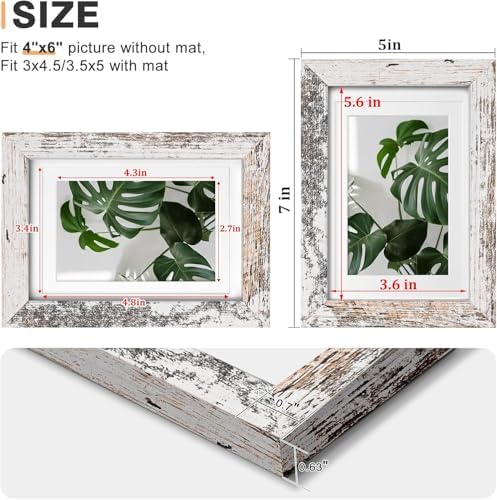 Egofine 4x6 Picture Frames Set of 4, Made of Solid Wood Covered by Plexiglass 3x4.5 and 3.5x5 with Mat or 4x6 without Mat, for Table Top Display and Wall Mounting Photo Frame Rustic White - Image 3