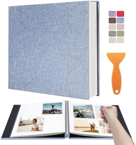 Large Photo Album Scrapbook – Holds 4x6, 8x10 Pictures – Self-Adhesive Pages for Baby, Wedding, Travel & Family Memories | Includes Metallic Pen & Scraper/Light Blue Large DIY Memory Book for Gifts by HoneyTolly