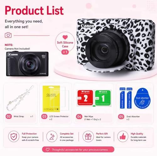 Cute Camera Case for Canon PowerShot SX740 HS/SX730 HS,Silicone Protective Cover with Removable Lens Cap,Wrist Strap & 2 Pack Tempered Glass Screen Protector for Women (White Leopard) - Image 3
