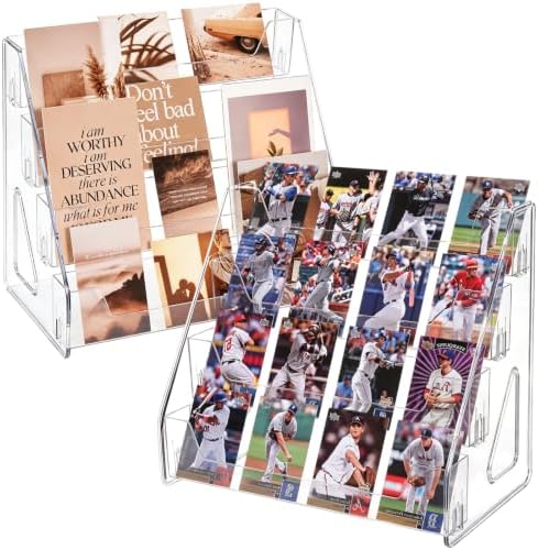 CELSOL 2 Pack Upgraded 4 Tier Acrylic Card Display Stand, Clear Display for Greeting Cards, Sports Cards, Postcards, Stickers & Brochures, Easy Snap-On, Increased Height & Thickness for Better Presentation (4 Tier 2 Pack) by Unknown