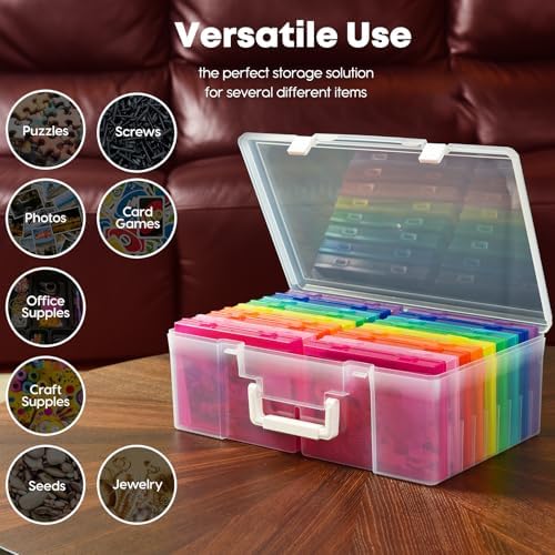 ALINK Photo Storage Box 5" x 7" with Handle, 18 pcs Inner Photo Container Organizer and Craft Keeper, Portable Picture Case with Label for Arts, Crafts, Sewing, Stickers, Office Supplies - Colored - Image 5