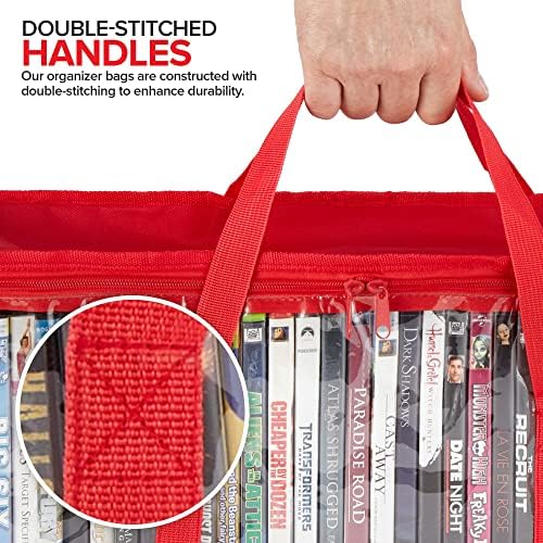 Stock Your Home DVD Storage Bags (Set of 4) Media Organizer Bag for DVDs, CDs, Blu Ray Disc, Movie Cases, VHS Box, Video Game Disks, Clear Plastic Holders with Carrying Handles and Zipper - Red - Image 5