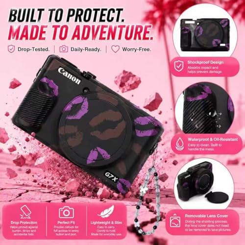 Cute Camera Case for Canon G7X Mark III,Silicone Protective Cover with Removable Lens Cap,Bracelet Wrist Strap & 2 Pack Tempered Glass Screen Protector for Women (Black Lips) - Image 6