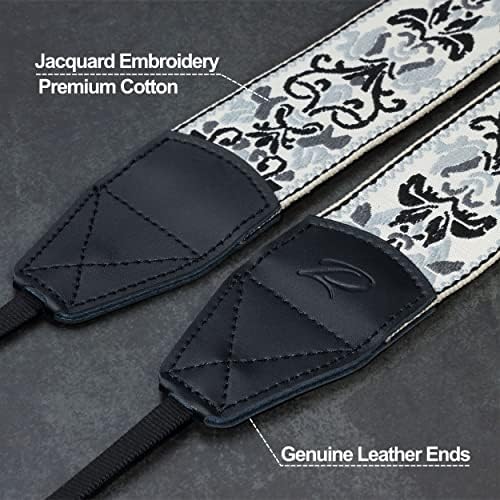 Padwa Lifestyle Camera Strap - 2" Wide Vintage Jacquard Embroidery Grey Flower Camera Straps with Genuine Leather Head,Adjustable Neck Shoulder Strap for All Cameras and Men & Women Photographers - Image 2