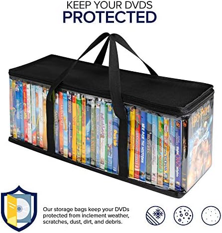 Stock Your Home DVD Storage Bags (Set of 6) Media Organizer Bag for DVDs, CDs, Blu Ray Disc, Movie Cases, VHS Box, Video Game Disks, Clear Plastic Holders with Carrying Handles and Zipper - Black - Image 5