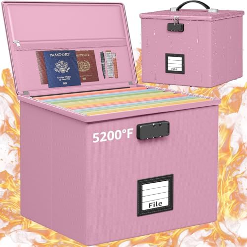 Pink Fire Proof File Box for Documents - Portable Fireproof Document Organizer Box with Handle Waterproof Safe Locking Folder Storage with Lid by ROSONG