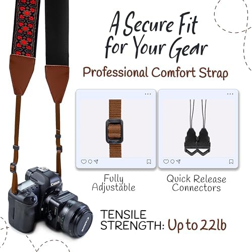 Art Tribute Camera Strap - Shoulder, Crossbody & Neck Camera Strap for Photographers, Fits All Cameras, Canon Nikon Sony Fujifilm, Padded Strap W/Quick Release, Embroidered Cotton & Leather Ends - Image 4