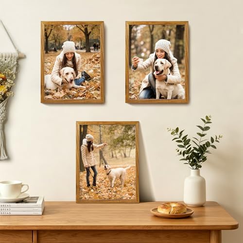 Egofine 12x16 Picture Frames Set of 4, Made of Solid Wood Covered by Plexiglass 9x12 and 11x14 with Mat or 12x16 without Mat, for Wall Mounting Photo Frame, Teak Wood - Image 2