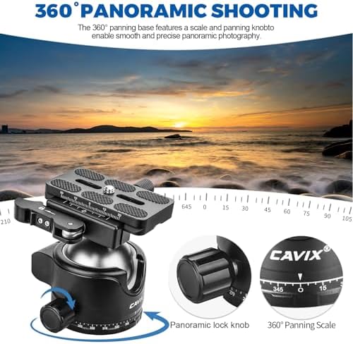 CAVIX Lever Tripod Ball Head, Low Gravity Metal Ball Head Camera Tripod Head 44lbs/20kg Load, Panoramic Ball Head, with 1/4" Arca Swiss Quick Release Plate for Tripod, Monopod, DSLR, Camera(H-46F). - Image 7
