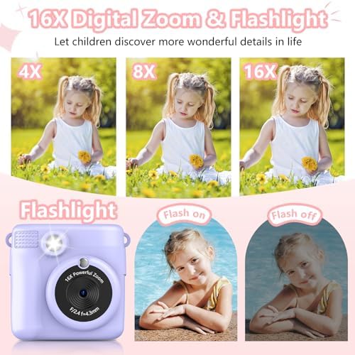 Instant Print Camera for Kids,Christmas Birthday Gifts for Age 3-12 Girls Boys，1080P HD Digital Video Cameras for Toddler,Kids Portable Toy with 3 Rolls Photo Paper，32GB Card-Purple - Image 3
