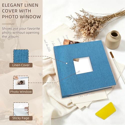 Popotop Photo Album Self Adhesive with Picture Display Window,60 Pages DIY Scrapbooking Supplies Kit for 4x6 10x12 Picture,Linen Cover Memory Book for Baby Wedding, with Scraper and Metallic Pen - Image 3