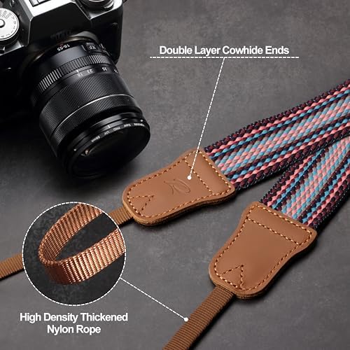 Padwa Lifestyle Striped Purple Camera Strap - 1.5" Soft Cotton Rope Weave Crazy Horse Cowhide Head Camera Straps for Photographers and All Cameras,Cute Adjustable Vintage Woven Strap for Adults&Youth - Image 5