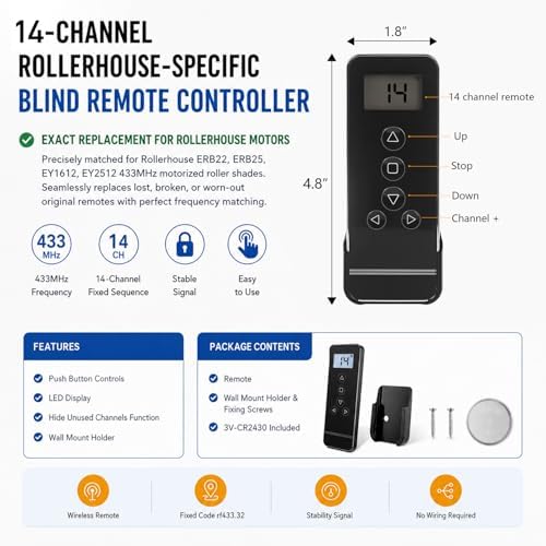 15-Channel Blind Remote Controller, Black -Replacement for Motorized Roller Shades, Window Blinds & Shades - Compatible with Rollerhouse ERB22,ERB25, EY1612, EY2512 Motors - Image 4