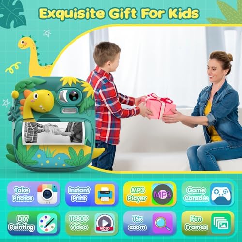 Kids Instant Print Camera, 1080P HD Video & 2.4" Screen Toy Camera | Includes 32GB Card & Print Paper, Inkless Print, 16X Zoom, Christmas Birthday Dinosaur Gifts for Boys Girls Age 3-12 - Image 2