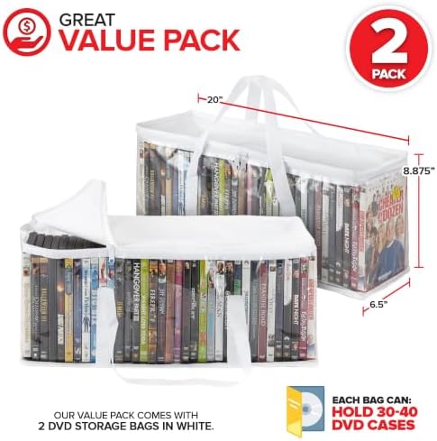 Stock Your Home DVD Storage Bags (Set of 2) Media Organizer Bag for DVDs, CDs, Blu Ray Disc, Movie Cases, VHS Box, Video Game Disks, Clear Plastic Holders with Carrying Handles and Zipper - White - Image 2