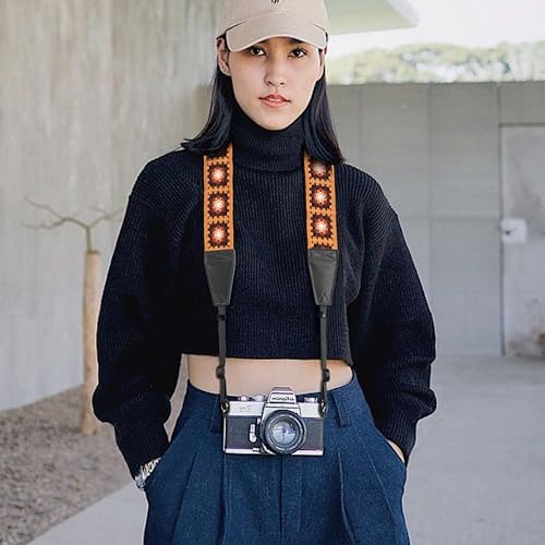 Padwa Lifestyle Yellow Crochet Camera Strap - 2" Full Grain Leather Ends Camera Straps for Photographers, Vintage Embroidered Cotton Soft Suede Fabric Padded Strap with Quick Release fits All Cameras - Image 5