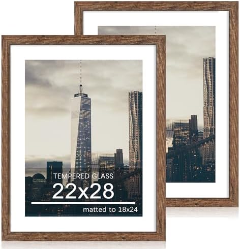 22x28 Picture Frame Set of 2, 22 x 28 Wood Poster Frames with Mat for 18x24, Wooden Photo Frames with Tempered Glass Cover for Wall Display, Rustic Brown by CCDCC