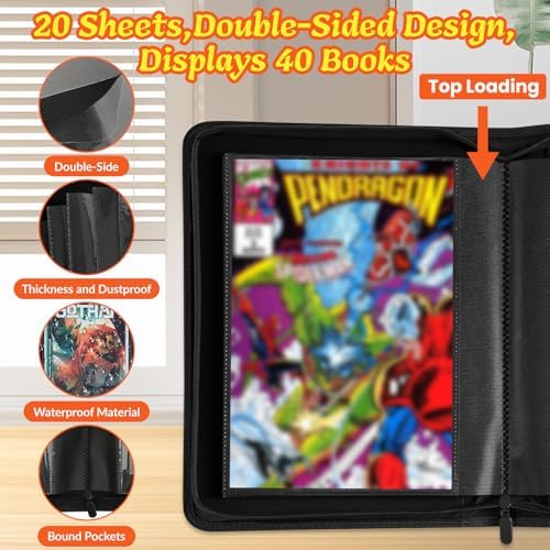 Comic Book Binder,40 Pockets Comic Book Storage Album for Current,Silver Age,Regular Comics PU Leather Comics Binder with 20 Heavyweight Sleeves,Gift for Comic Collectors - Image 3