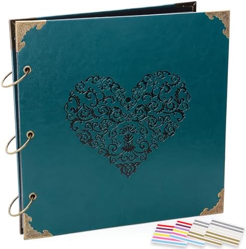 Photo Album DIY Scrapbook, 10x10 inch 50 Pages Vintage Leather Cover Three-Ring Binder Love Picture Booth Albums with 408pcs Self Adhesive Photos Corners for Memory Keep, Heart (Jasper Green) by ADVcer