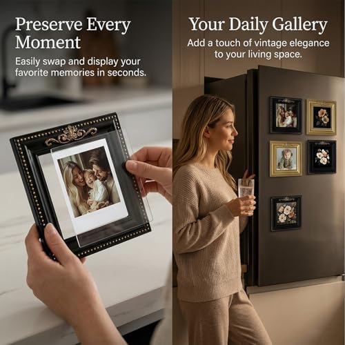 Retro Magnetic Picture Frames for Refrigerator, Set of 2 Mini Vintage Magnet Frames with Strong Magnetic Back, Resin Gold Black 4.33x4.33 inch for Kitchen Decor Photos (Black A) - Image 4